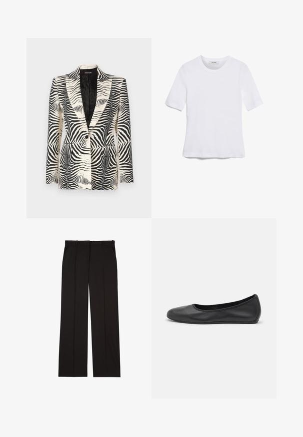 Blazer cu imprimeu de zebră, caracterizat printr-un design structurat, închidere cu un singur buton și două buzunare frontale, realizat dintr-un material ușor și neted.; Tricou alb cu mânecă scurtă, confectionat dintr-un material texturat. Gât rotund, tăietură regulară și detalii subtile de cusătură. Fără modele sau grafice.; Pantaloni negri, croiți, confecționați dintr-un material neted, cu un design drept și două buzunare laterale. Construcție elegantă și minimalistă.; Balerini din piele neagră, cu vârf rotund, textură netedă, detalii de cusătură minimale și un design al tălpii flexibil.