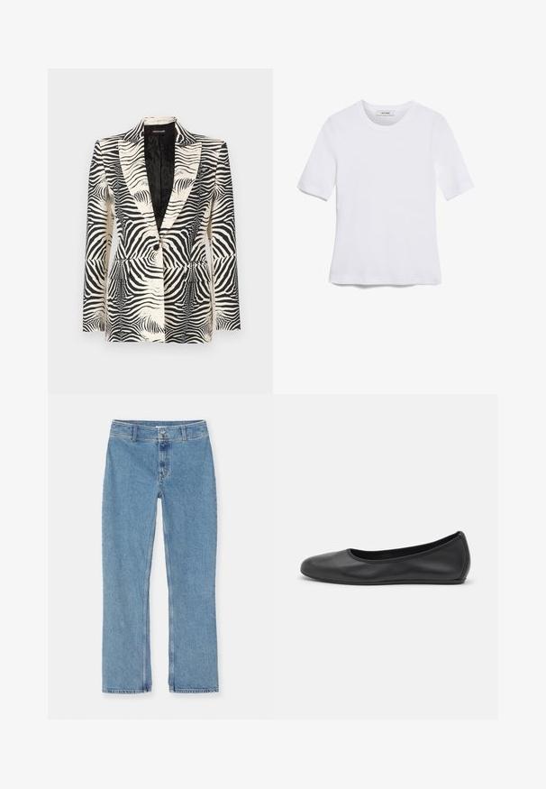 Zebras raksts žakete ar strukturētu dizainu, vienu pogu aizdari un divām priekšējām kabatām, izgatavota no gludas, vieglas auduma.; Balta īsām piedurknēm T-krekls, izgatavots no ribota auduma. Apaļš izgriezums, regulāra piegriezuma un diskrēti šuvumu detaļas. Bez printiem vai grafikām.; Gaiši zili taisni džinsi ar pogu un rāvējslēdzēju, jostas cilpām un standarta šuvēm uz balta fona.; Melna ādas baleta kurpe ar noapaļotu purngalu, gludu tekstūru, minimālu šuvju detalizāciju un elastīgu zoles dizainu.