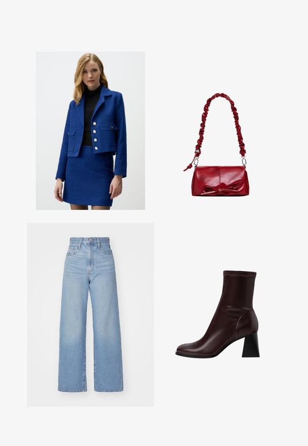 Blaue, texturierte Jacke mit einem kurzen Design, silbernen Knöpfen und zwei vorderen Taschen, kombiniert mit einem passenden Rock. Getragen über einem schwarzen Oberteil.; Weißes Hemd mit Knopfleiste, spitzen Kragen, langen Ärmeln und kleinem blauen Logo auf der linken Brust. Aus Baumwollstoff gefertigt.; Hellblaue High-Waist-Weite-Leg-Jeans mit Knopf- und Reißverschluss vorne, Vorder- und Rückentaschen, auf weißem Hintergrund.; Stradivarius BLOCK - Stiefelette - dark red; Rote Lederhandtasche mit einem gerafften Riemen und einer dekorativen Schleife auf der Vorderseite. Glatte Textur, rechteckige Form, silberne Hardware-Details.; Ohrringe aus goldfarbenem Metall mit einer geschwungenen Halbmondform und einer rechteckigen Form, beide mit glatten, polierten Oberflächen.