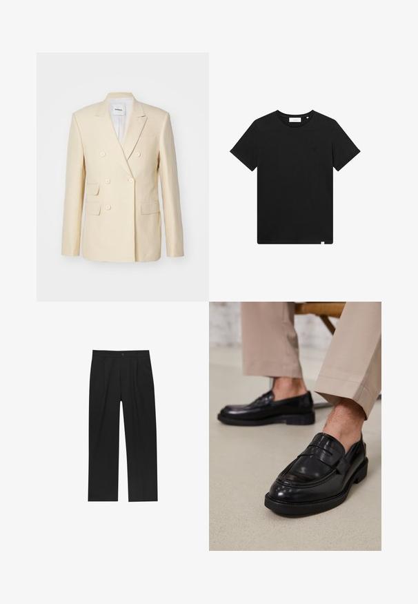 Dubbellaags blazer in lichtbeige linnen, met vier voorzakken en ronde knopen. Schone lijnen en een op maat gemaakte uitstraling.; Zwarte T-shirt met korte mouwen van katoen, met een ronde hals en een klein logo geborduurd op de borst. Soepele textuur, normale pasvorm.; Zwarte broeken met een recht model, gemaakt van een gladde stof. Voorzien van een voorplooien en een enkele knoopsluiting bij de taille.; Zwarte leren loafers met een gladde afwerking, voorzien van een decoratieve band en contrasterende stiksels, gecombineerd met beige broeken.