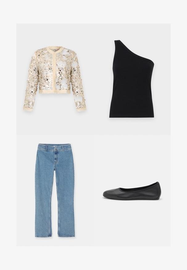 Izgriezta jaka no caurspīdīga auduma, rotāta ar zelta un sudraba pērļām. Tam ir garas piedurknes un apaļa kakla izgriezums ar āķa aizdari.; Vienu plecu melns ribots topiņš ar pieguļošu dizainu un mīkstu tekstūru. Iezīmējas ar tīru, minimālu griezumu un gludu apkakli.; Gaiši zili taisni džinsi ar pogu un rāvējslēdzēju, jostas cilpām un standarta šuvēm uz balta fona.; Melna ādas baleta kurpe ar noapaļotu purngalu, gludu tekstūru, minimālu šuvju detalizāciju un elastīgu zoles dizainu.