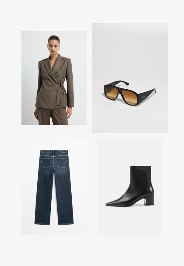 Žena s hladce uhlazenými vlasy, oblečená v hnědém kostkovaném zavinovacím blazeru s odpovídajícími kalhotami a zlatými kruhovými náušnicemi, stojící na bílém pozadí.; Bílá košile na knoflíky s vertikálními světlými šedými pruhy, s rozloženým límcem, dlouhými rukávy a volným střihem. Vyrobena z lehké látky.; Tmavě modré džíny se rovný střih, přední dvě zadní kapsy a viditelné švy podél švů a okrajů.; Černá kožená kotníková bota s špičatou špičkou, hladkým povrchem a středním blokovým podpatkem. Minimalistický design, zapínání na zip na zadní straně.; Černé obdélníkové sluneční brýle s hnědými gradientními skly. Vyrobeny z plastu, mají hladký povrch a jemné zlaté logo na ramínku.