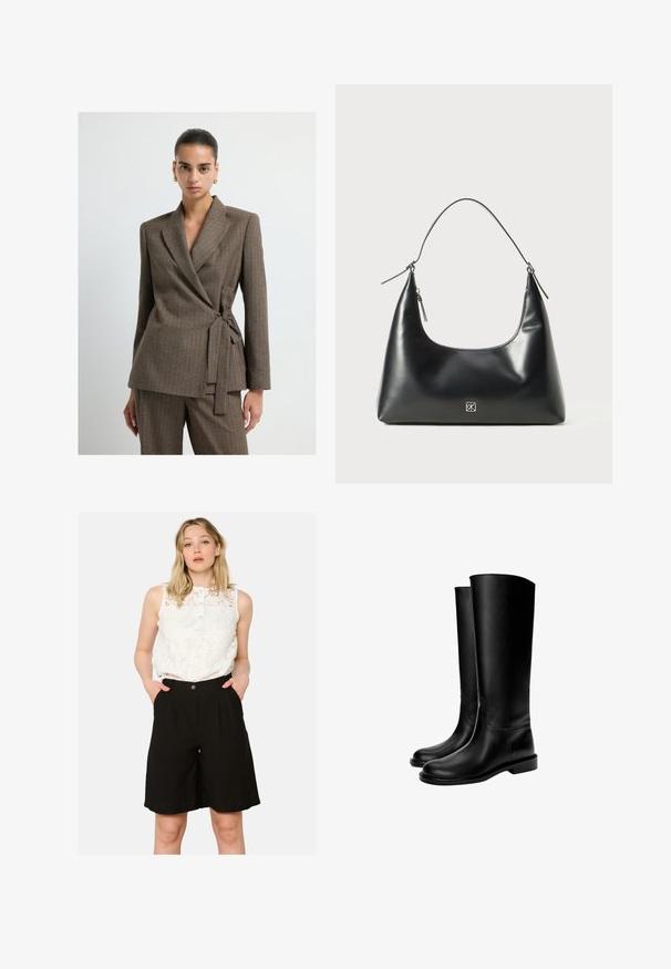 Vrouw met slicked-back haar, gekleed in een bruin geruite wikkelblazer met bijpassende broek en gouden creolen, staand tegen een witte achtergrond.; Witte tanktop van lichtgewicht stof. Kenmerkt een ronde halslijn en brede armsgaten, met een gladde textuur en een minimalistisch ontwerp.; Witte kanten sleeveless top met een knoopsluiting bij de hals, gecombineerd met hoge zwarte shorts met zijzakken en een losse pasvorm.; Zwarte leren kniehoge laarzen met een gladde textuur, ronde neus, platte zool en minimalistisch ontwerp, met gestikte naden en zonder zichtbare hardware.; Zwarte gladde leren schoudertas met een gebogen bovenkant, enkele schouderriem, ritssluiting en klein zilveren logo-embleem in het midden van de voorkant.