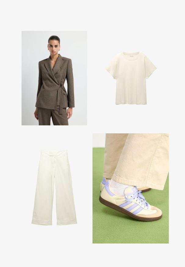 Donna dai capelli raccolti che indossa un blazer avvolgente a scacchi marroni con pantaloni coordinati e orecchini a cerchio dorati, in piedi davanti a uno sfondo bianco.; Maglietta a maniche corte beige chiaro con scollatura rotonda, realizzata in un tessuto morbido e liscio. Presenta una vestibilità comoda e un orlo dritto.; Pantaloni a gamba larga in morbido tessuto color crema. Presentano una vita liscia e orli arrotolati. Tessuto liscio con un design pulito e minimalista.; Sneakers crema e lavanda con tre strisce e suola marrone texturizzata, dotati di lacci e tallone imbottito. Parte superiore in tessuto morbido.