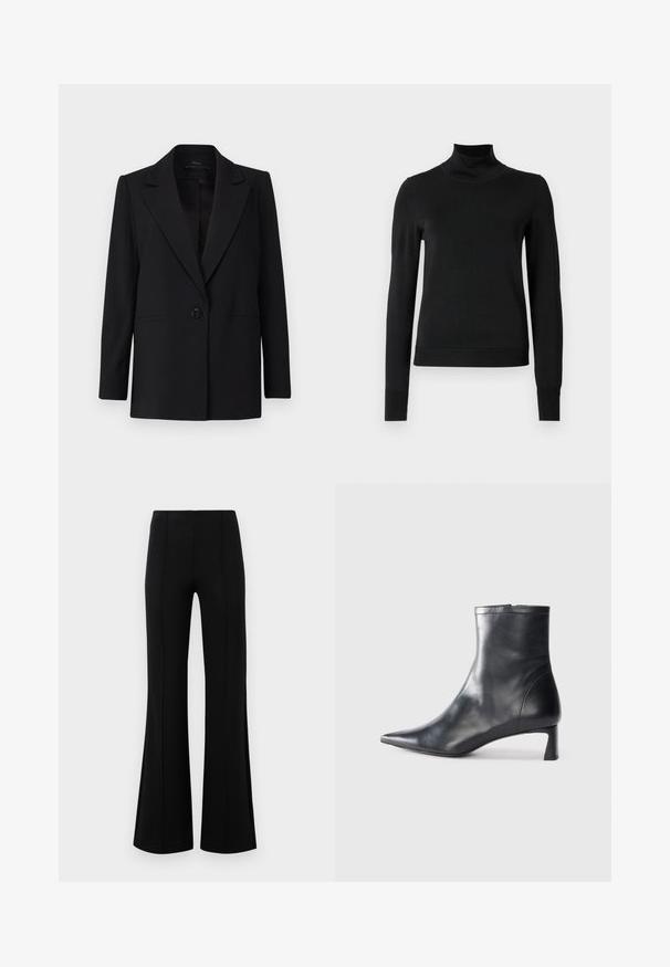 Blazer noir avec une fermeture à un bouton, des revers en pointe et deux poches latérales. Fabriqué en tissu lisse avec une coupe ajustée.; Pull à col roulé noir à manches longues avec des poignets et un ourlet côtelés, présenté sur un fond blanc uni.; Pantalons évasés noirs avec une taille haute, fabriqués en tissu extensible. Présente des détails de couture verticaux sur le devant et une texture lisse.; Bottine en cuir noir avec un bout pointu et un design épuré. Présente un petit talon et une fermeture éclair à l'arrière. Texture lisse.