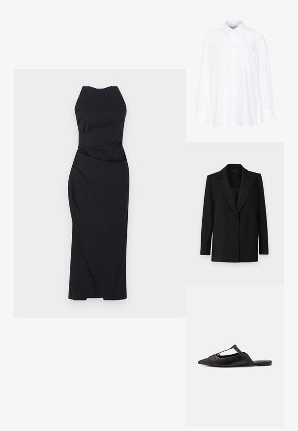 Blazer negro con cierre de un solo botón, solapas puntiagudas y dos bolsillos laterales. Fabricado en tejido suave con un ajuste entallado.; Camisa blanca de manga larga y cuello hecha de algodón. Presenta un cierre de botones en la parte delantera y un bolsillo en el pecho. Textura suave, ajuste relajado.; Marella ELEGIA - Vestido de cóctel - nero; Zapato de piel negra tipo slingback con punta afilada, que presenta un detalle trenzado y un diseño superior plisado. Suela plana con hardware mínimo.