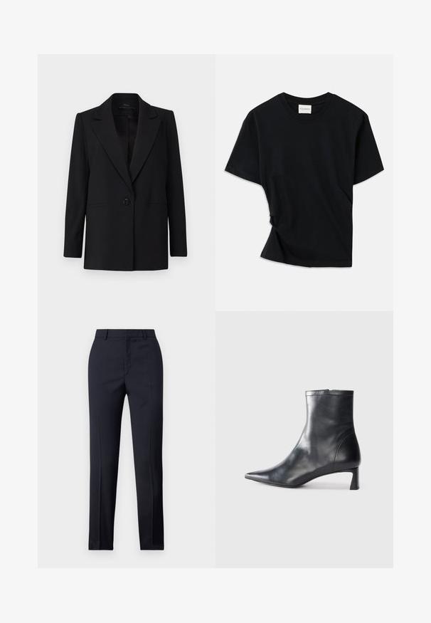 Sort blazer med enkelt knaplukning, spidse lapeller og to sidelommer. Lavet af glat stof med en skræddersyet pasform.; Sort t-shirt lavet af blødt bomuld, med rund halsudskæring, korte ærmer og et let skrået design for en afslappet pasform.; Marineblå skræddersyede bukser med lige snit, der har en glat tekstur, to frontlommer og en ren talje.; Sort læder ankelstøvle med spids tå og et strømlinet design. Har en lav hæl og en lynlås lukning bagpå. Glat tekstur.