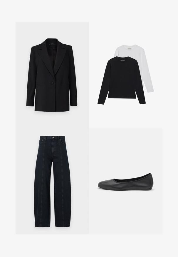 Blazer nero con chiusura a un bottone, rever a punta e due tasche laterali. Realizzato in tessuto liscio con una vestibilità su misura.; Due magliette a maniche lunghe: una nera e una bianca. Entrambe presentano un collo rotondo e una texture liscia e a coste. Etichetta del marchio visibile all'interno del collo.; Jeans in denim scuro a gamba larga con vita alta, dotati di cuciture a contrasto e classico styling a cinque tasche. Texture liscia, senza motivi visibili.; Pantofole da balletto nere in pelle con punta arrotondata, texture liscia, dettagli di cucitura minimi e design con suola flessibile.