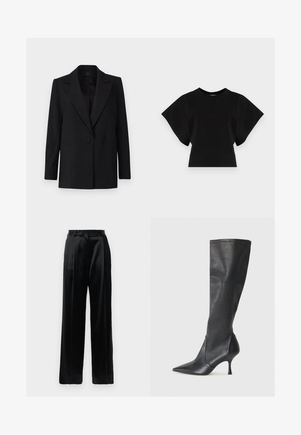 Black blazer with a single button closure, peak lapels, and two side pockets. Made of smooth fabric with a tailored fit.; Black cropped t-shirt made of cotton, featuring short, wide sleeves and a round neckline with a smooth texture and minimalist design.; Black high-waist satin trousers with straight wide legs, belt loops, and a flat front closure against a plain white background.; Knee-high black leather boots with a pointed toe and a slim stiletto heel. Smooth texture with a fitted design and stitching at the top edge.