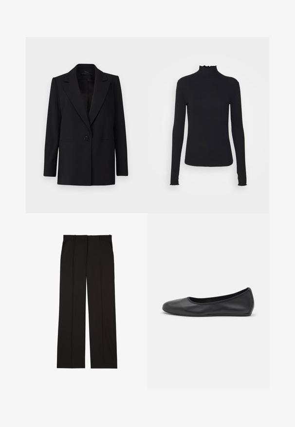 Blazer noir avec une fermeture à un bouton, des revers en pointe et deux poches latérales. Fabriqué en tissu lisse avec une coupe ajustée.; Haut à manches longues noir en col roulé, fabriqué en tissu lisse, présentant un col volanté et une silhouette ajustée avec des bords simples.; Pantalons noirs sur mesure en tissu lisse, présentant une coupe droite, avec deux poches latérales. Construction élégante et minimaliste.; Ballerines en cuir noir avec un bout rond, texture lisse, détails de couture minimalistes et design de semelle flexible.