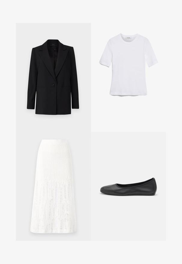 Zwarte blazer met een enkele knoopsluiting, piek revers en twee zijzakken. Gemaakt van gladde stof met een op maat gemaakte pasvorm.; Witte korte mouwen t-shirt van ribstof. Ronde halslijn, normale pasvorm en subtiele stiksels. Geen patronen of grafische elementen.; Gehaakte witte midi rok met een textuurpatroon met verticale lijnen en uitsparingen nabij de zoom. Elastische tailleband. Zacht materiaal.; Zwarte leren ballerina met een ronde neus, gladde textuur, minimale stikdetails en een flexibele zoolontwerp.