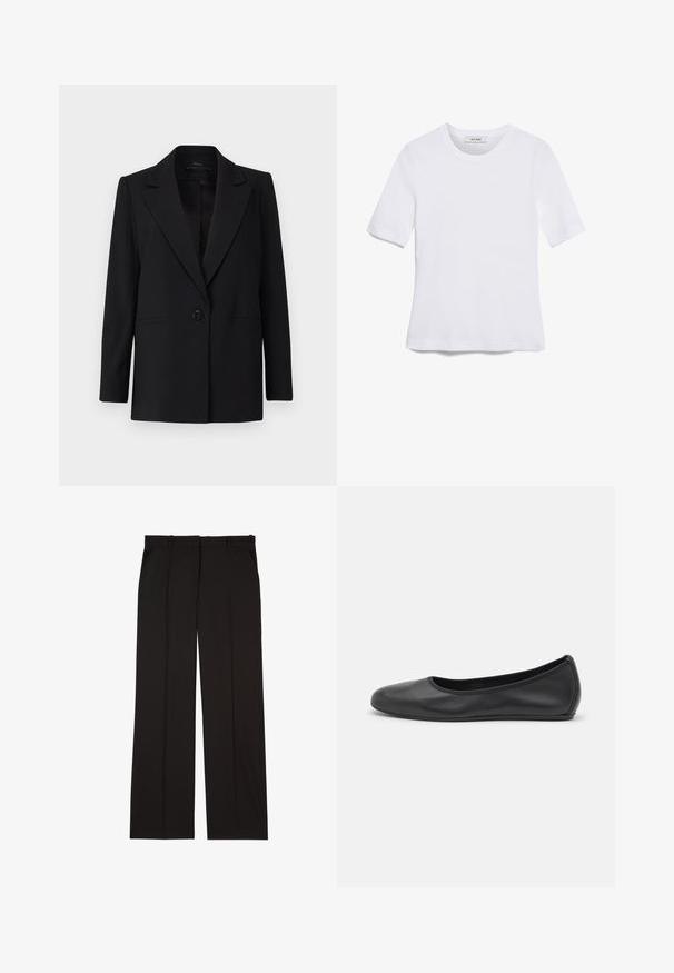 Sort blazer med enkelt knaplukning, spidse lapeller og to sidelommer. Lavet af glat stof med en skræddersyet pasform.; Hvid kortærmet t-shirt lavet af ribbet stof. Rund halsudskæring, almindelig pasform og subtile syninger. Ingen mønstre eller grafik.; Sorte skræddersyede bukser lavet af et glat stof, med et lige ben-design og to sidelommer. Elegant og minimalistisk konstruktion.; Sort læderballetsko med rund tå, glat tekstur, minimal syning og et fleksibelt såldesign.