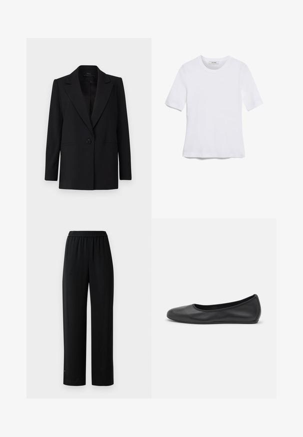 Sort blazer med enkelt knaplukning, spidse lapeller og to sidelommer. Lavet af glat stof med en skræddersyet pasform.; Hvid kortærmet t-shirt lavet af ribbet stof. Rund halsudskæring, almindelig pasform og subtile syninger. Ingen mønstre eller grafik.; Sorte vide bukser lavet af glat stof med en elastisk talje. Har en lige pasform og minimal pynt. Velegnet til afslappet brug.; Sort læderballetsko med rund tå, glat tekstur, minimal syning og et fleksibelt såldesign.