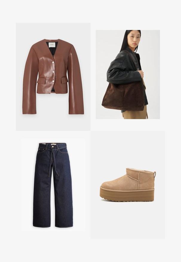 Ruskea keinonahkablazeri, jossa on V-pääntie, pitkät hihat, edessä nappikiinnitys ja kaksi etutaskua. Sileä pinta, jossa on hieno kiilto.; Ruskea, karvainen neulepaita, joka on valmistettu pehmeästä materiaalista. Pyöreä pääntie ja pitkät hihat. Yksinkertainen, lyhyt muotoilu ilman havaittavia kuvioita tai yksityiskohtia.; Korkeavyötäröiset tummansiniset leveälahkeiset farkut, joissa on narunauhakuja, viisi taskua ja kontrastiväriset ompeluseikat.; Beige mokasiinit nilkkakengät, joissa on pehmeä sisus, alustalla ja takana vetoluukku, joka helpottaa pukemista. Pintakuvioitu kumipohja.; Ruskea mokkanahkainen kassi, joka on leveä ja pehmeä tekstuuri, varustettuna yhdellä hihnalla ja minim hardwarella neutraalissa ympäristössä.