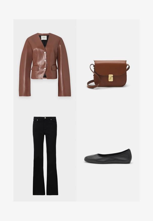 Ruskea keinonahkablazeri, jossa on V-pääntie, pitkät hihat, edessä nappikiinnitys ja kaksi etutaskua. Sileä pinta, jossa on hieno kiilto.; Valkoinen lyhythihainen t-paita, joka on valmistettu ribbytedusta kankaasta. Pyöreä pääntiie, normaali istuvuus ja hienovaraiset ompeluyksityiskohdat. Ei kuvioita tai grafiikkaa.; Mustat levenevät farkut, valmistettu denimi- materiaalista, varustettu kahdella etutaskulla, napin sulkimella ja sileällä pinnalla. Alussa näkyviä erityisompeleita.; Musta nahkainen ballerina, jossa on pyöristetty kärki, sileä pinta, minimaalinen ommelkoristelu ja joustava pohjamuotoilu.; Ruskea nahkainen käsilaukku, jossa on läppäkiinnitys, kultasävyiset yksityiskohdat, olkahihna ja sileä pinta. Kompaktin suorakaiteen muotoinen.