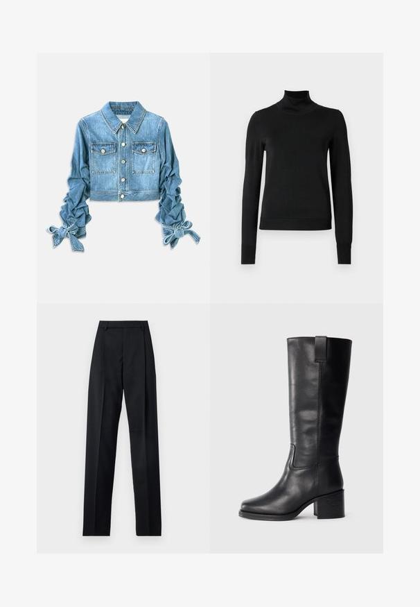 Krótkia dżinsowa kurtka w jasnoniebieskim kolorze, z dwoma kieszeniami na piersi, zapięciem na guziki oraz marszczonymi rękawami z wiązaniami przy mankietach.; Czarny sweter z długim rękawem i stojącym kołnierzem, z prążkowanymi mankietami i dołem, zaprezentowany na białym tle.; Czarne spodnie wykonane z gładkiego materiału, z wysokim stanem, szerokimi nogawkami, fałdami z przodu i klasycznymi szlufkami na pasek. Brak widocznych kieszeni bocznych.; Czarne skórzane botki do kolan o gładkiej fakturze, kwadratowym nosku, słupku oraz bocznym uchwycie, z minimalistycznymi detalami w postaci szwów.
