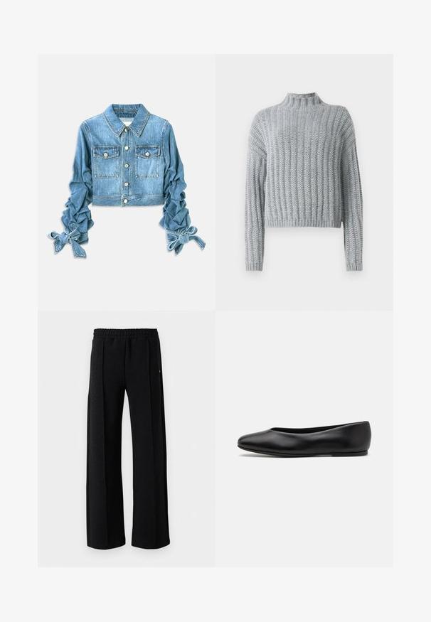 Kratka traper jakna svijetlo plave boje, koja ima dvije prednje džepove, zakopčavanje na dugmad i naborane rukave s vezicama na manžetama.; Svijetlosiva debela pletena majica s rebrastim uzorkom, s visokom izrezom, dugim rukavima i malo skraćenim krojem.; Bjela košulja dugih rukava s dugmadi, napravljena od glatke mješavine pamuka. Ima klasični ovratnik, prednje zatvaranje na dugmad te zakrivene manžete.; Crne hlače ravnog kroja s elastičnom gumicom u struku i suptilnim teksturiranim uzorkom po cijelom materijalu na bijeloj pozadini.; Paul Smith TOPANGA - Balerinke - black