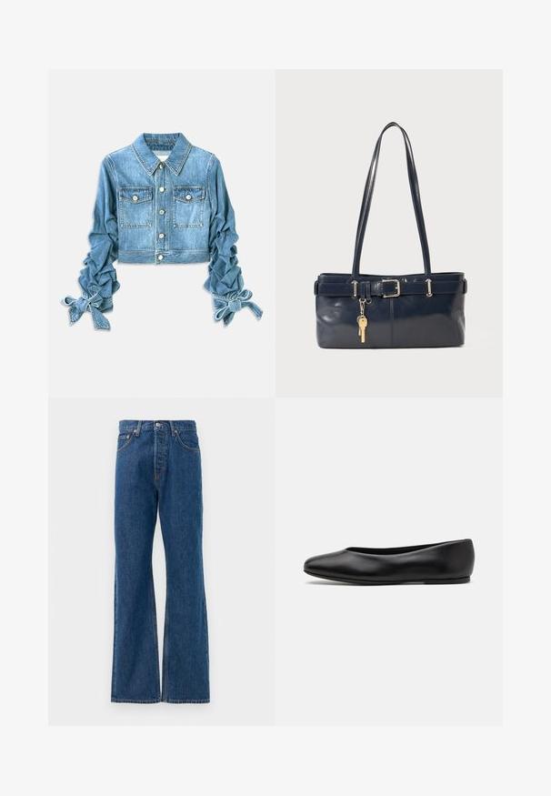 Cropped denim jacket in light blue, featuring two chest pockets, button closure, and ruched sleeves with ties at the cuffs.; Striped button-up shirt with a white base, featuring narrow multi-colored lines in blue, orange, and green. Long sleeves and a classic collar.; Blue denim flared jeans with a high waist, featuring five pockets, a silver button closure, and visible stitching accents.; Paul Smith TOPANGA - Ballet pumps - black; Navy leather handbag with two long handles, a buckle detail, and a keychain attached. Features a smooth texture and a rectangular shape.