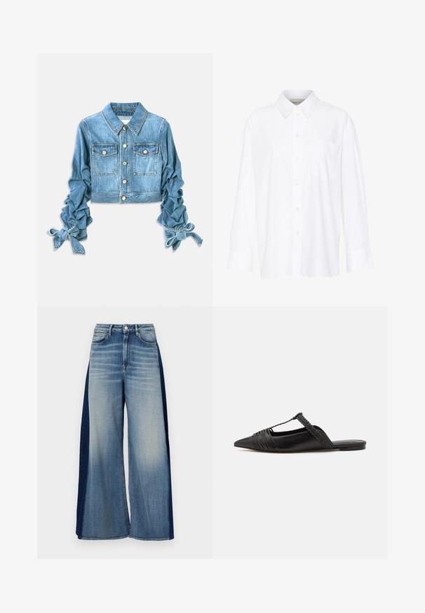 Jachetă din denim, scurtă, de culoare albastru deschis, cu două buzunare pe piept, închidere cu nasturi și mâneci ondulate cu șnururi la manșete.; Cămașă albă cu mânecă lungă și guler, fabricată din bumbac. Are un închidere cu băta pe față și un singur buzunar pe piept. Textură netedă, croială lejeră.; Jeans din denim cu picioare largi, având un design bicolor, cu fața de culoare albastru deschis și panouri laterale de culoare albastru închis, cu un brâu clasic și închidere cu buton.; Pantofii din piele neagră cu curea la spate au vârful ascuțit, prezentând un accent țesut și un design superior pliat. Talpa joasă cu hardware minim.