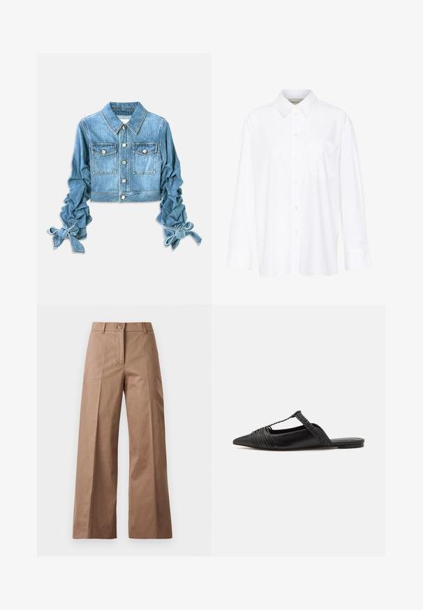 Šviesiai mėlynas apkarpytas džinsinis švarkas su dviem krūtinės kišenėmis, sagčių uždarymu ir raukšlėtais rankovėmis su raišteliais prie riešų.; Balta ilgomis rankovėmis marškiniai su apykakle, pagaminti iš medvilnės. Su mygtukų užsegimu priekyje ir viena krūtinės kišenė. Lygus paviršius, laisvas siluetas.; Rudos plačios kojų kelnės, pagamintos iš lygios medžiagos, su priekiniais mygtukais, dviem priekinėmis kišenėmis ir švariomis, pritaikytomis linijomis.; Juodos odinės slingback bateliai su smailiu pirštu, turintys audinį akcentą ir raukšlėtą viršutinį dizainą. Lygus padas su minimaliais aksesuarais.