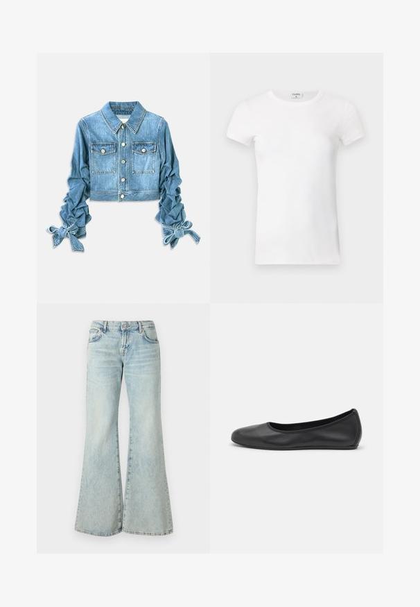 Korte denimjas in lichtblauw, met twee borstzakken, knoopsluiting en gerimpelde mouwen met strikken bij de manchetten.; Wit geribd T-shirt met korte mouwen en een ronde hals. De stof lijkt glad met een getailleerde pasvorm. Logo zichtbaar op de kraag.; Lichtblauwe flared jeans van denim, met een hoge taille, zakken en rafelige zomen. De stof heeft een vervaagde wassing en een subtiele textuur.; Zwarte leren ballerina met een ronde neus, gladde textuur, minimale stikdetails en een flexibele zoolontwerp.