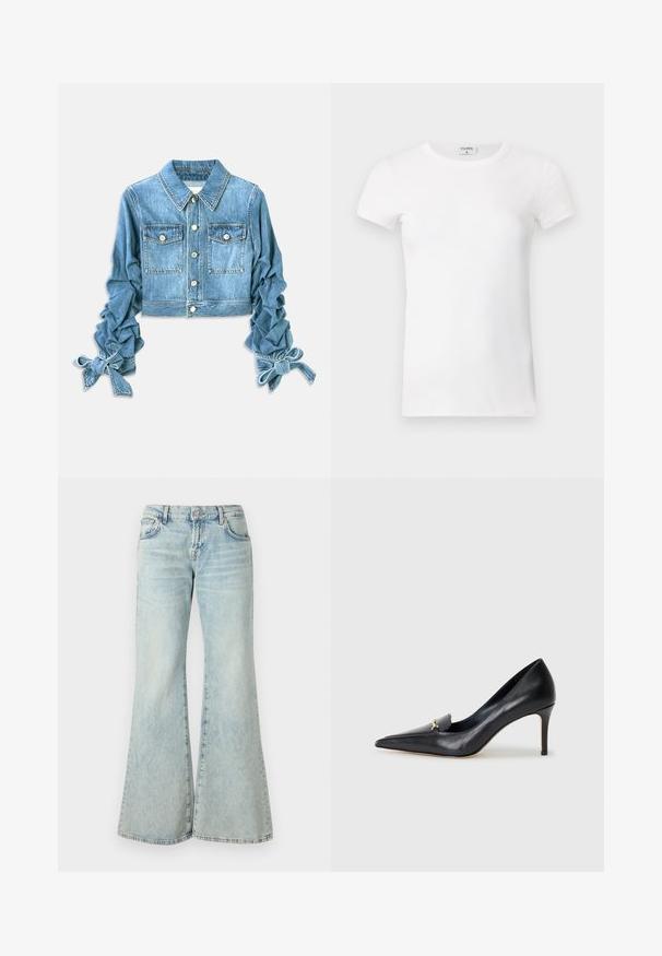 Giacca di denim tagliata in blu chiaro, con due tasche sul petto, chiusura a bottone e maniche arricciate con lacci ai polsini.; T-shirt bianco a maniche corte con collo tondo. Il tessuto appare liscio con una silhouette aderente. Etichetta del marchio visibile al colletto.; Jeans a palazzo di colore blu chiaro realizzati in denim, con vita alta, tasche e orli sfilacciati. Il tessuto presenta un lavaggio sbiadito e una texture sottile.; Décolleté in pelle nera con punta affusolata, scollatura bassa e un accento decorativo dorato. Presenta un tacco a stiletto e una superficie liscia.