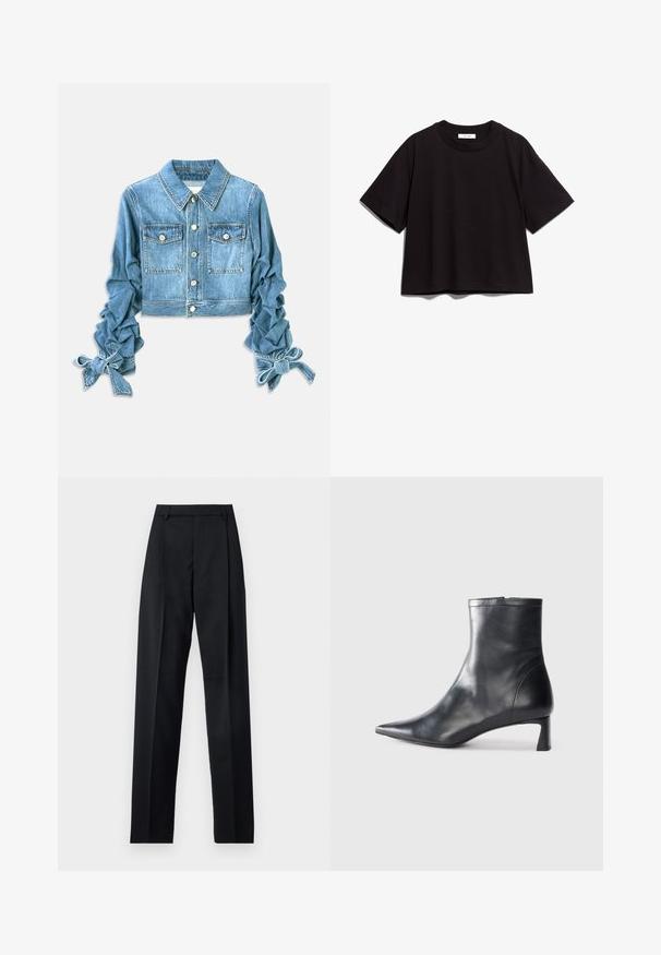 Kratka traper jakna svijetlo plave boje, koja ima dvije prednje džepove, zakopčavanje na dugmad i naborane rukave s vezicama na manžetama.; Crna pamučna kratka majica s okruglim izrezom i kratkim rukavima. Ima opuštenu kroj i jednostavan, neukrašen dizajn.; Crne hlače od glatkog materijala s visokim strukom, širokim nogavicama, prednjim pregibima i klasičnim petljama za remen. Nema vidljivih bočnih džepova.; Crne kožne gležnjače s uskim vrhom i elegantnim dizajnom. Imaju niski potpetak i zatvaranje na patentni zatvarač straga. Glatka tekstura.