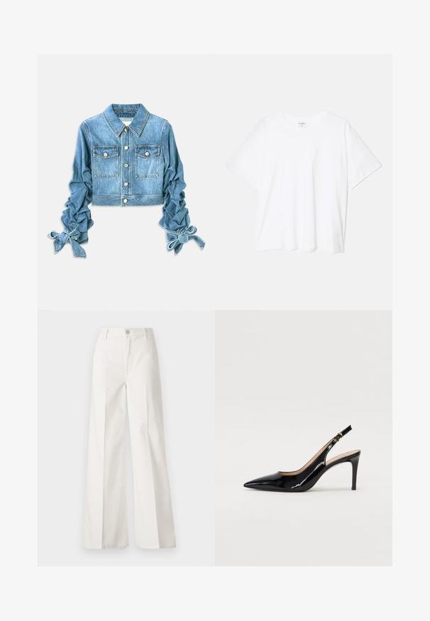 Zkrátená riflová bunda v svetlomodrej farbe, s dvomi náprsními vreckami, zapínaním na gombíky a nariasenými rukávmi so šnúrkami na zápästiach.; Biely bavlnený tričko s krátkymi rukávmi, okrúhlym výstrihom, voľným strihom a prešitým lemom. Štítok viditeľný na vnútornom krku.; Biele široké nohavice vyrobené z bavlny s hladkou textúrou. Obsahujú predný gombík, zips a dizajn so štyrmi vreckami.; Čierne lakované kožené slingback lodičky s špicatou špičkou, štíhlým podpätkom a jemným výrezom. Obsahuje zlatú pracku na remienku.