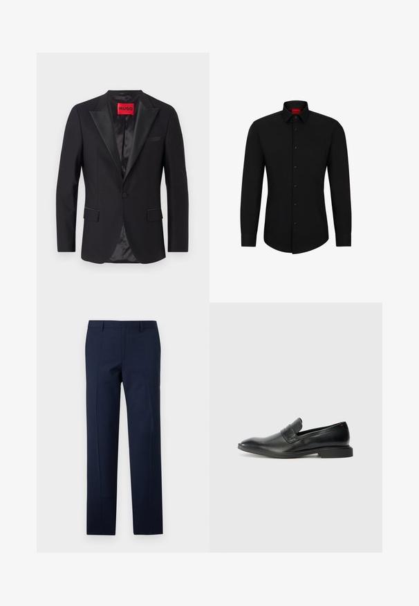 Schwarzer Smoking-Blazer mit Satin-Revers, Einzelknopfverschluss, zwei Vorderentaschen und einem glatten Innenfutter. Rotes HUGO-Label am Kragen.; Schwarzes Langarmhemd mit Knopfleiste, klassischem Kragen und abgerundetem Saum; verfügt über schwarze Knöpfe und ein rotes Logo im Kragen.; Nachtschwarze Hose mit tailliertem Schnitt, die eine glatte Textur, scharfe Falten und ein flaches Frontdesign aufweist. Verdeckter Reißverschluss.; Schwarze Lederlofer mit glatter Oberfläche, spitzer Zehenform und niedrigem rechteckigen Absatz. Mit horizontalem Riemen-Detail über dem Obermaterial.