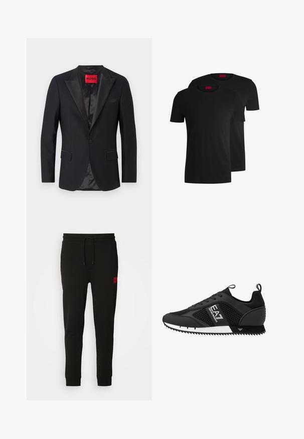 Black formal jacket with satin peak lapels, single button closure, two front pockets, and a smooth inner lining. Label features red "HUGO."; Two black cotton t-shirts with short sleeves and crew necks. Both feature a red brand label at the neckline. Simple, classic design.; Black sweatpants made of soft fabric, featuring a drawstring waist, slim fit, and a red logo patch on the left thigh.; EA7 Emporio Armani Trainers - black/white