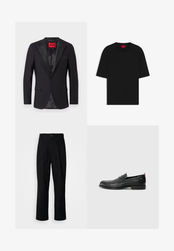 Musta smokkitakki satiinisilla kauluskäänteillä, yksinappinen suljenta, kaksi etutaskua ja sileä sisävuori. HUGO-merkki punaisena kauluksella.; Mustavartaloinen lyhythihainen t-paita, joka on valmistettu puuvillasta. Paidassa on pyöreä kaula-aukko ja kohotettu logo edessä, ja siinä on rento, väljä istuvuus.; Mustat suorat housut napillisella vyötäröllä, vyölenkeillä ja etukaanneksilla, esitelty vaaleaa taustaa vasten.; Musta nahkakengät, joissa on teksturoitu etupaneeli ja sileät sivut. Varustettu kapealla kantapäillä ja takasilmukalla helppoa pukemista varten. Klassinen muotoilu.