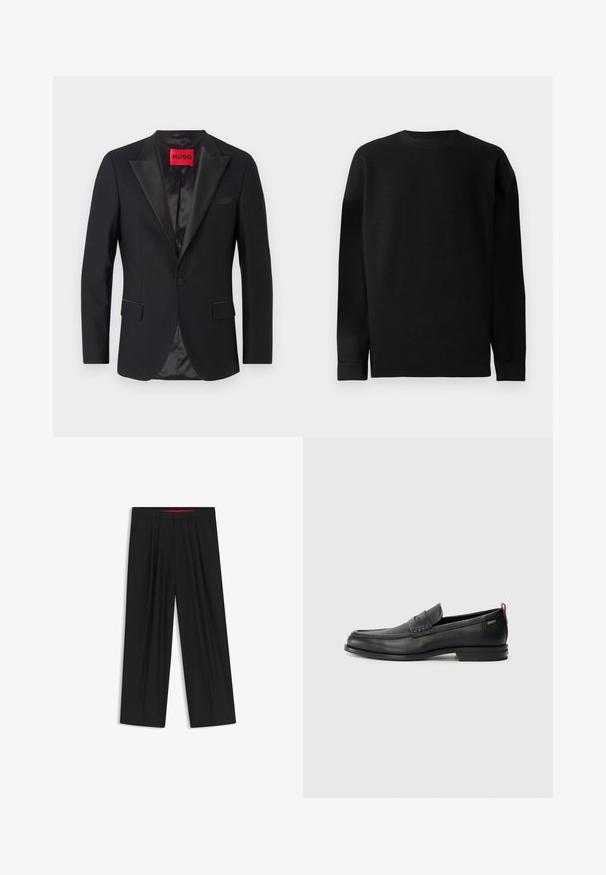 Giacca formale nera con rever in satin, chiusura a un bottone, due tasche frontali e foderatura interna liscia. Etichetta con il logo rosso "HUGO".; Maglione nero a maniche lunghe realizzato in materiale a coste. Presenta un collo rotondo e un orlo dritto con polsini aderenti. Design semplice e di colore uniforme.; Pantaloni neri a gamba larga con fronte piatto, due tasche laterali, design plissettato e un elastico in vita di colore rosso a contrasto.; Mocassini in pelle nera con un pannello anteriore testurizzato e lati lisci. Presentano un tacco sottile e un anello sul retro per una vestibilità facile. Design classico.