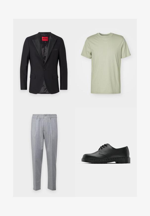 Juodas oficialus švarkas su satino pikiais atlapais, vienu mygtuku, dviem priekinėmis kišenėmis ir lygiu pamušalu. Etiketėje ryškiai raudonas užrašas "HUGO."; Šviesiai žalia medvilninė marškinėliai su apvaliu kaklu, trumpomis rankovėmis ir subtiliu prekės ženklo logotipu, atspausdintu krūtinės centre.; Šviesiai pilki kelnės su tekstūruotu audiniu, turinčios raukšles, klasikinį liemenį ir siaurėjantį siluetą. Priekyje yra mygtuko užsegimas.; Juodos odinės oksfordo bateliai su raištelių užsegimu, apvaliu pirštu, plokščiu guminiu padu ir subtiliu siuvimo akcentu viršuje.
