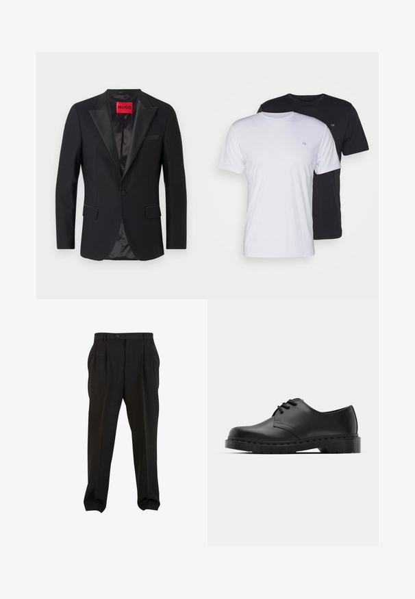 Črn formalni suknjič s satenskimi ovratniki v obliki vrha, z zapiranjem na en gumb, dvema sprednjima žepoma in gladko notranjo podlogo. Oznaka nosi rdeč "HUGO."; Dve bombažne majice v beli in črni barvi, kratke rokave z okroglimi ovratniki, ki imata na prsih majhen logotip, gladka tekstura.; Črne hlače iz gladkega materiala, s sprednjimi gubami, gumba na pasu in ozkimi manšetami na gležnjih. Klasična krojena silhueta.; Črne usnjene oksford čevlje z vezalkami, zaobljenim prstom, ravnim gumijastim podplatom in diskretnim šivanjem po zgornjem delu.