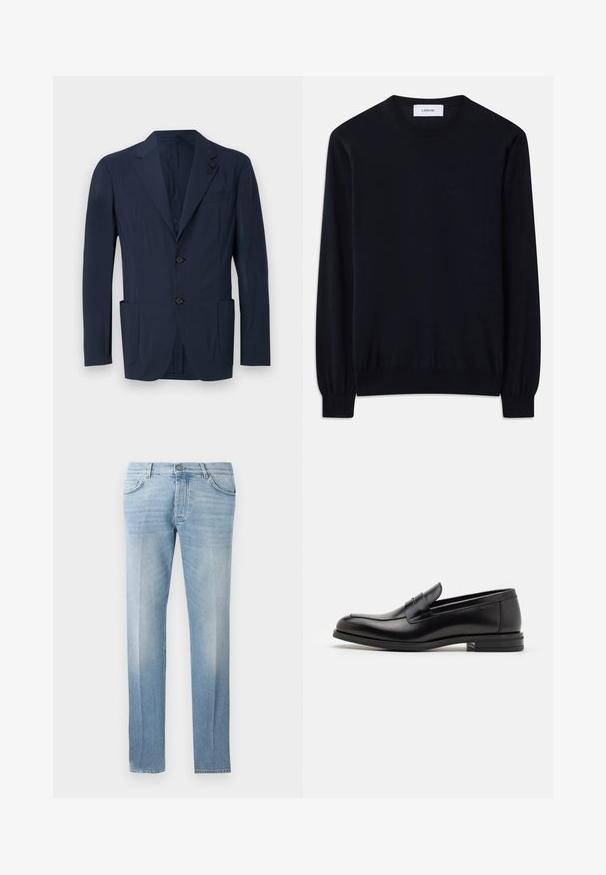 Blazer blu navy realizzato in tessuto liscio, caratterizzato da un design a un bottone, due tasche frontali, una tasca sul petto e dettagli sui rever.; Maglione nero a girocollo realizzato in un tessuto a maglia liscia. Maniche lunghe con polsi aderenti e vestibilità rilassata su tutto il corpo.; Jeans in denim blu chiaro con taglio dritto, leggero sbiadimento, design a cinque tasche e chiusura con bottone in vita.; Mocassini neri in pelle con una texture liscia, punta arrotondata e una striscia decorativa sulla tomaia. Tacco basso impilato, design minimalista.