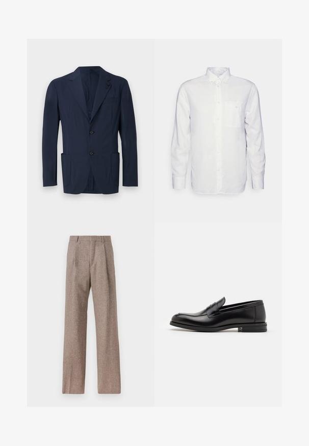 Navy blue blazer made of smooth fabric, featuring a single-breasted design, two front pockets, a chest pocket, and lapel accents.; Long-sleeve white shirt made of cotton, featuring a button-down collar, front pocket, and regular fit. Textured fabric with a smooth surface.; Brown, high-waisted trousers made of textured fabric. Features wide legs and two front pleats for structure. Neat finish with no visible hardware.; Black leather loafers with a smooth texture, rounded toe, and a decorative strap across the vamp. Low stacked heel, minimalist design.