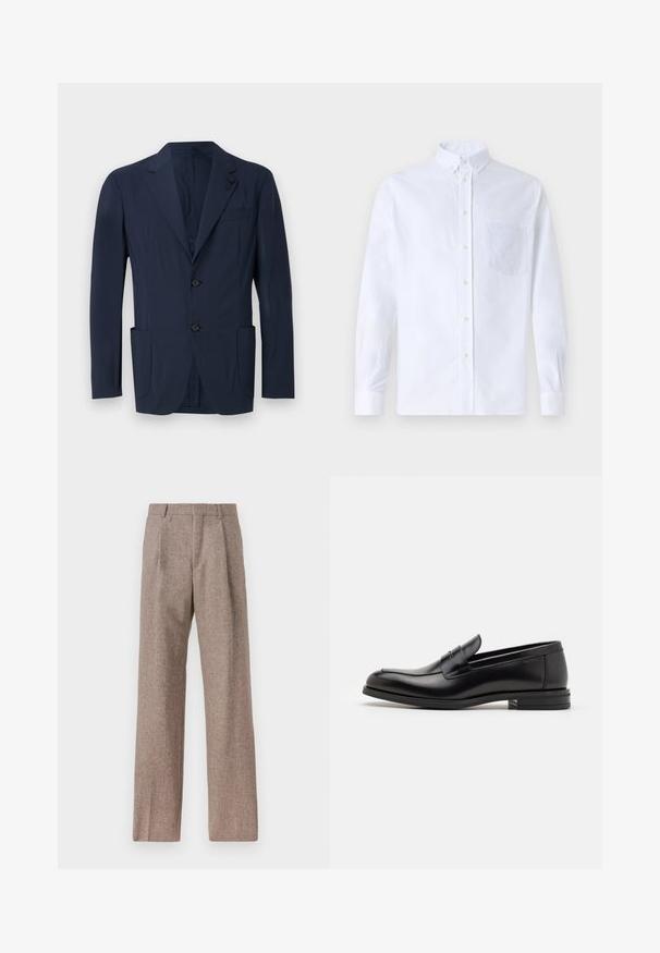 Tamsiai mėlynas bleiseris, pagamintas iš lygaus audinio, su vieno mygtuko užsegimu, dviem priekinėmis kišenėmis, krūtinės kišeniu ir apykaklės akcentais.; Balta ilga rankovė mygtukų marškiniai, pagaminti iš medvilnės, su krūtine kišene ir toniniu siuvinėjimu, apykakle ir mygtukų apvadu.; Rudos, aukšto liemens kelnes, pagamintas iš tekstūruotos medžiagos. Plati kojos, dvi priekinės klostės struktūrai. Tvarkingas apdailos darbai, be matomų detalių.; Juodos odinės loafers, turinčios lygų paviršių, apvalią noselę ir dekoratyvinę juostą per priekinę dalį. Žemas krentantis kulnas, minimalistinis dizainas.