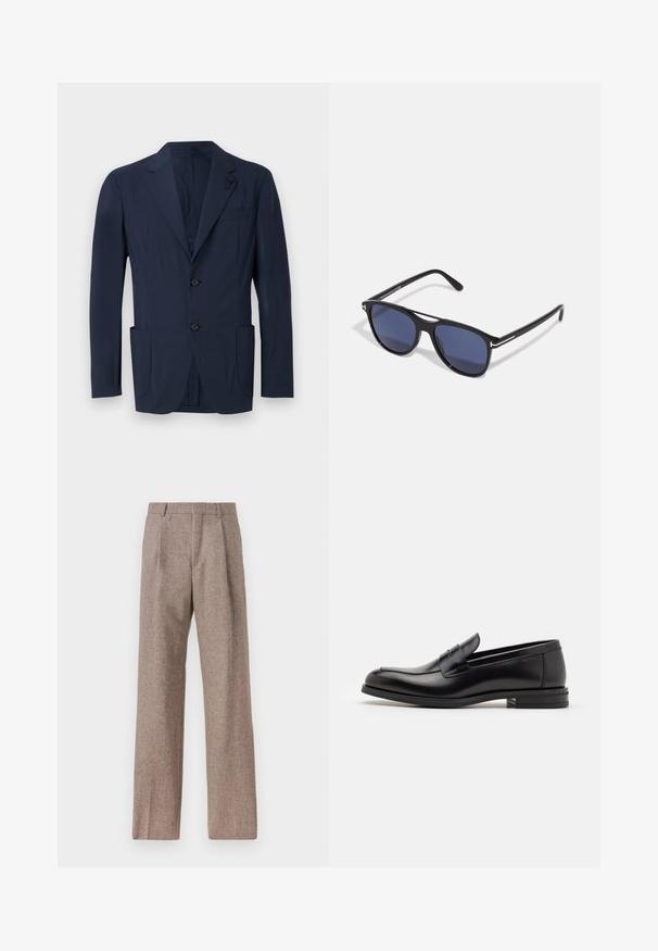 Navy blue blazer made of smooth fabric, featuring a single-breasted design, two front pockets, a chest pocket, and lapel accents.; White long-sleeve button-up shirt made of cotton, featuring a chest pocket with tonal embroidery, a collar, and button cuffs.; Brown, high-waisted trousers made of textured fabric. Features wide legs and two front pleats for structure. Neat finish with no visible hardware.; Black leather loafers with a smooth texture, rounded toe, and a decorative strap across the vamp. Low stacked heel, minimalist design.; Sunglasses with black plastic frame, blue tinted lenses, slightly rounded shape, and silver metal accents on the temples.
