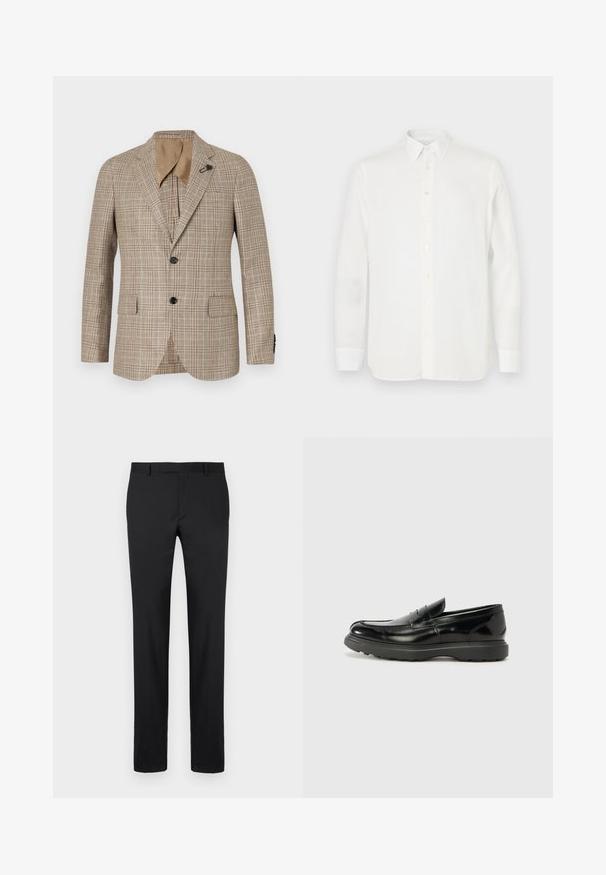 Blazer de cuadros marrón con un ajuste entallado, solapas con muesca, dos bolsillos delanteros y cierre de un solo botón. Textura suave con un brillo sutil.; Camisa blanca de manga larga hecha de tela ligera, con un collar clásico, cierre de botones y dobladillo recto. Textura suave.; Pantalones negros con un diseño ajustado, patas rectas, presillas estándar para cinturón y textura suave. Sin patrones o herrajes visibles.; Mocasín de cuero negro con un acabado brillante, punta redondeada, detalles de costura sutiles y una suela de goma gruesa para mayor durabilidad.