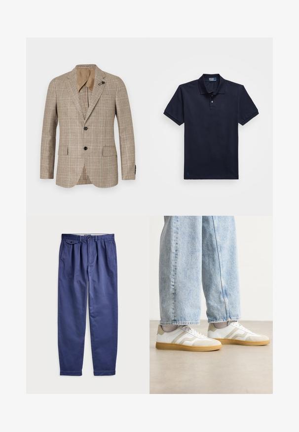 Brązowa marynarka w kratę o dopasowanym kroju, z wyłogami, dwiema przednimi kieszeniami i jednym zapięciem na guzik. Gładka tekstura z subtelnym połyskiem.; Granatowa koszulka polo z fakturowanej tkaniny, z dwoma guzikami i małym haftowanym logo na dolnym brzegu. Krótkie rękawy.; Granatowe bawełniane spodnie o luźnym kroju, z plisami z przodu, dwoma bocznymi kieszeniami i zapięciem na guzik w talii.; Białe sneakersy z beżowymi zamszowymi akcentami i jasnymi gumowymi podeszwami; charakteryzują się niskim krojem i teksturowanymi detalami na cholewce.