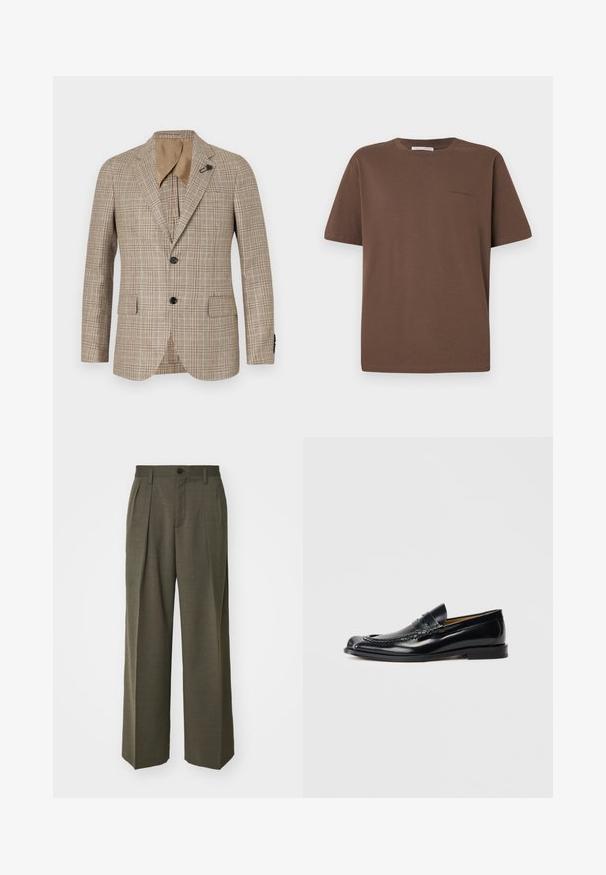 Barna kockás zakó szabott fazonnal, sarkos gallérral, két elülső zsebbel és egy gombos záródással. Sima textúra, enyhe fényességgel.; Barna pamut póló kerek nyakkivágással, rövid ujjakkal és egy kis logóval az elején. Sima textúrájú anyag, laza fazon.; Filippa K WIDE TROUSERS - Nadrágok - driftwood; Fekete bőr mokaszinok sima felülettel, lekerekített orral, díszvarrással és alacsony rakott sarkakkal. Nincs látható márkajelzés.