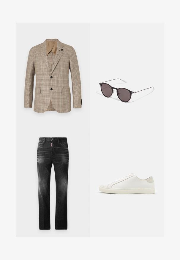 Brown plaid blazer with a tailored fit, notched lapels, two front pockets, and a single button closure. Smooth texture with subtle shine.; Black cotton T-shirt featuring a round neckline, short sleeves, and "EMPORIO ARMANI" logo in white above "Milano" in a curved design.; Black denim jeans with a straight fit. Features faded areas, minor distressing, classic five-pocket design, and a button closure.; White leather sneaker with a smooth surface, round toe, and minimalistic design. Features beige accents on the heel and a rubber sole.; Black round sunglasses with dark lenses and slim metal arms. Includes clear temple tips and silver accents at the hinge. Minimalist design.