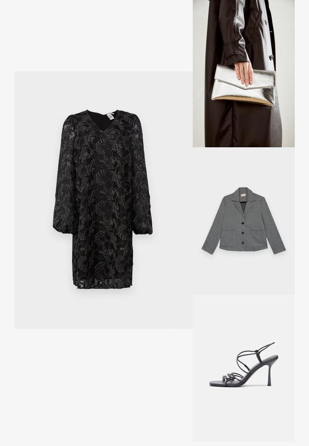 Svart- och vitrutigt mönstrad cropped blazer med slagkrage, tre framknappar och två påsydda fickor.; Svart spetsklänning med blommönster, V-ringning och långa puffärmar. Genomskinlig tyg med innerfoder; lös passform och mitt på låren längd.; Svarta högklackade sandaler har tunna remmar med en knuten design, en slät fyrkantig tå och en smal stilettklack.; Silverfärgad metallisk kuvertväska med en vinkelrät design, slät textur och kontrasterande innervärd, hålls i en hand som bär en svart kappa.