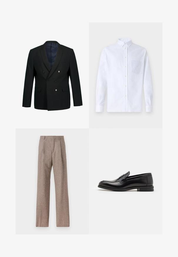 Blazer nero doppiopetto con rever a punta, due tasche frontali, tre bottoni e una fodera interna a motivo blu.; Camicia bianca a maniche lunghe con bottoni, realizzata in cotone, caratterizzata da una tasca sul petto con ricamo tonale, colletto e polsini con bottoni.; Pantaloni marroni a vita alta realizzati in tessuto testurizzato. Presentano gambe ampie e due pieghe frontali per struttura. Rifinitura curata senza hardware visibile.; Mocassini neri in pelle con una texture liscia, punta arrotondata e una striscia decorativa sulla tomaia. Tacco basso impilato, design minimalista.