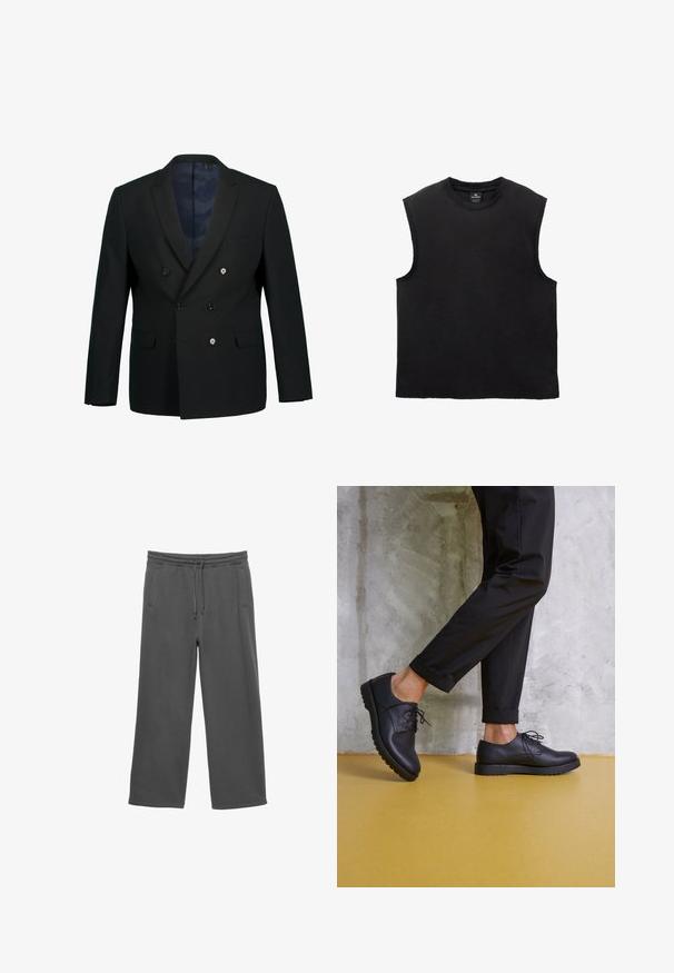Blazer nero doppiopetto con rever a punta, due tasche frontali, tre bottoni e una fodera interna a motivo blu.; Maglietta in cotone nera senza maniche con scollatura arrotondata, vestibilità comoda e dettagli di orlo cuciti. Texture liscia, design semplice.; Pantaloni della tuta larghi grigio scuro con vita elastica, cordoncino e due tasche laterali, mostrati su uno sfondo bianco.; Scarpe nere in pelle con lacci, punta arrotondata e suola in gomma testurizzata. Indossate con pantaloni neri corti, su uno sfondo di cemento.