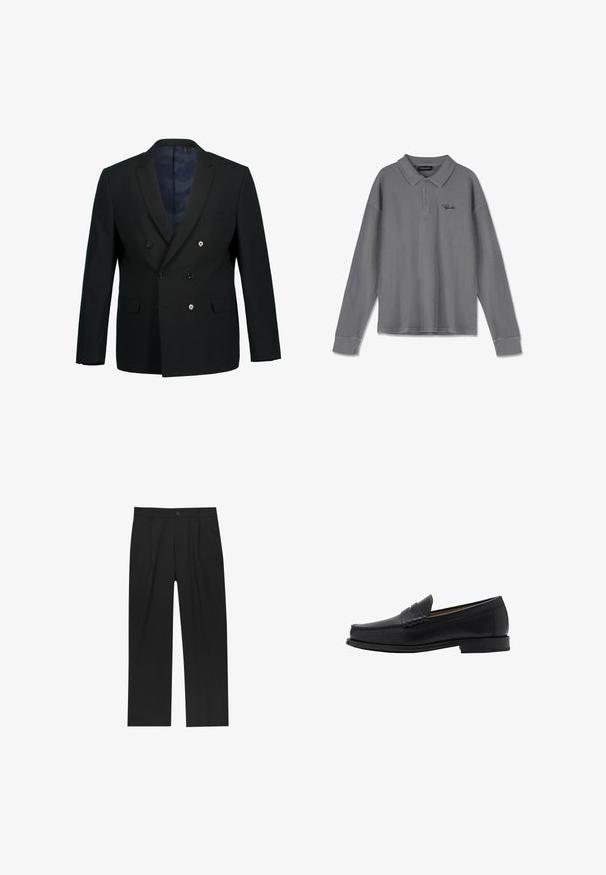 Zwarte dubbelbreasted blazer met pieklapels, twee voorzakken, drie knopen en een blauw patroon interieurfvoering.; Lange mouwen polo in gestreept grijs stof. Heeft een kraag, een knoopsluiting met drie knopen en subtiele zwarte branding op de borst.; Zwarte broeken met een recht model, gemaakt van een gladde stof. Voorzien van een voorplooien en een enkele knoopsluiting bij de taille.; Mango Zakelijke loafers - black