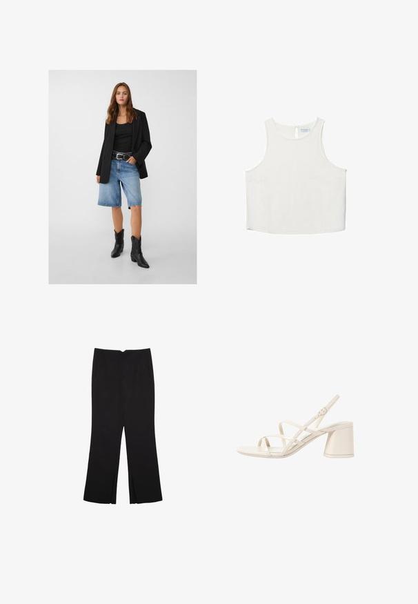 Black blazer over a black tank top, paired with light blue denim shorts and black cowboy boots. The belt has silver studs.; White sleeveless top with a round neckline, featuring a subtle texture, keyhole back detail, and a straight hemline.; Black trousers with a straight fit, featuring front pockets and side slits at the hem. Made of soft, smooth fabric. Suitable for various occasions.; Beige heeled sandals with slender, crisscross straps, open toe, and a square block heel. Smooth patent finish, adjustable ankle strap.