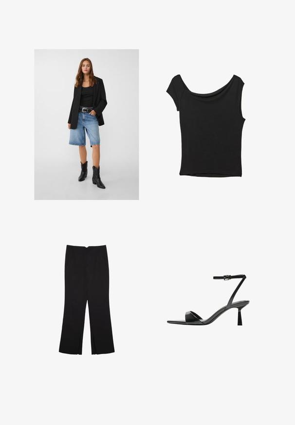 Sort blazer over en sort tanktop, parret med lyseblå denimshorts og sorte cowboy støvler. Bæltet har sølvnitter.; Sort kortærmet top lavet af glat stof; har en draperet halsudskæring og en asymmetrisk kant, med en tætsiddende pasform.; Sorte bukser med lige pasform, der har frontlommer og slidser i kanten. Lavet af blødt, glat stof. Velegnet til forskellige anledninger.; Bershka Højhælede sandaletter / Højhælede sandaler - black