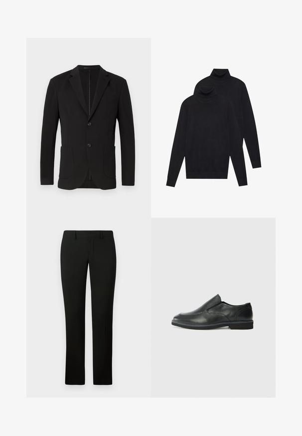 Must mustriga mustriga, kahe külje taskuga, rinna taskuga ja nööpiga kinnitusega. Sile kangas matta viimistlusega.; Kaks musta pikkade varrukatega kõrge kaelusega sviitrit, lihtne kudumine, asetatud üksteise peale, üks veidi teise taga, valgel taustal.; Mustad püksid kohandatud lõikega, sileda tekstuuri ja sirge säärega disainiga. Vöökoht on varustatud vöörihmadega ja puhta viimistlusega.; Must musta laia suuga king, millel on sile ülemine osa, õmmeldud detailid, ümmargune nina ja madal kummist konts. Tallal on minimaalne mustr.