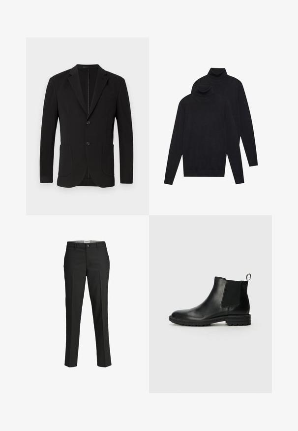 Černý blazer s úzkým střihem, se špičatými klopami, dvěma předními kapsami, náprsní kapsou a zapínáním na knoflík. Hladká látka s matným povrchem.; Dvoje černých pletených svetrů s dlouhým rukávem a rolákem, jednoduchý vzor, naskládány tak, že jeden je mírně za druhým na bílém pozadí.; Černé kalhoty, s přiléhavým střihem, hladká tkanina, střední pas, přední zapínání na knoflík, šikmé kapsy a záhyby podél nohavic.; Jack & Jones JFWHOSKINS - Kotníkové boty - anthracite